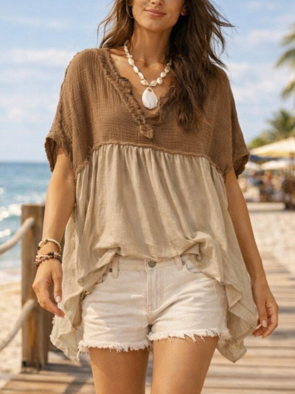 Boho Sharkbite Tunic Top Medium Oversized Mixed Media Brown Taupe